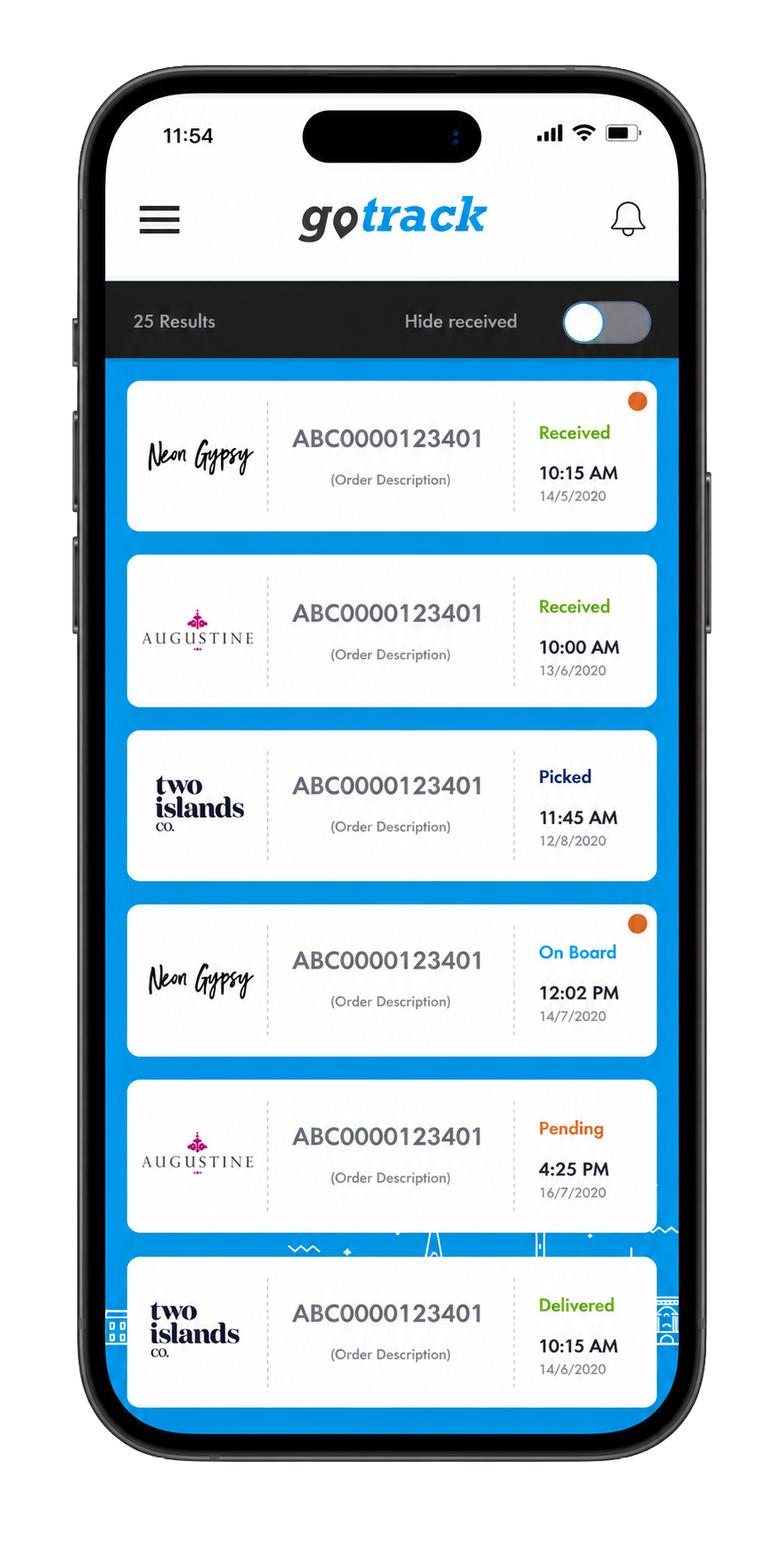 The GoTrack app showing a live parcel tracking list